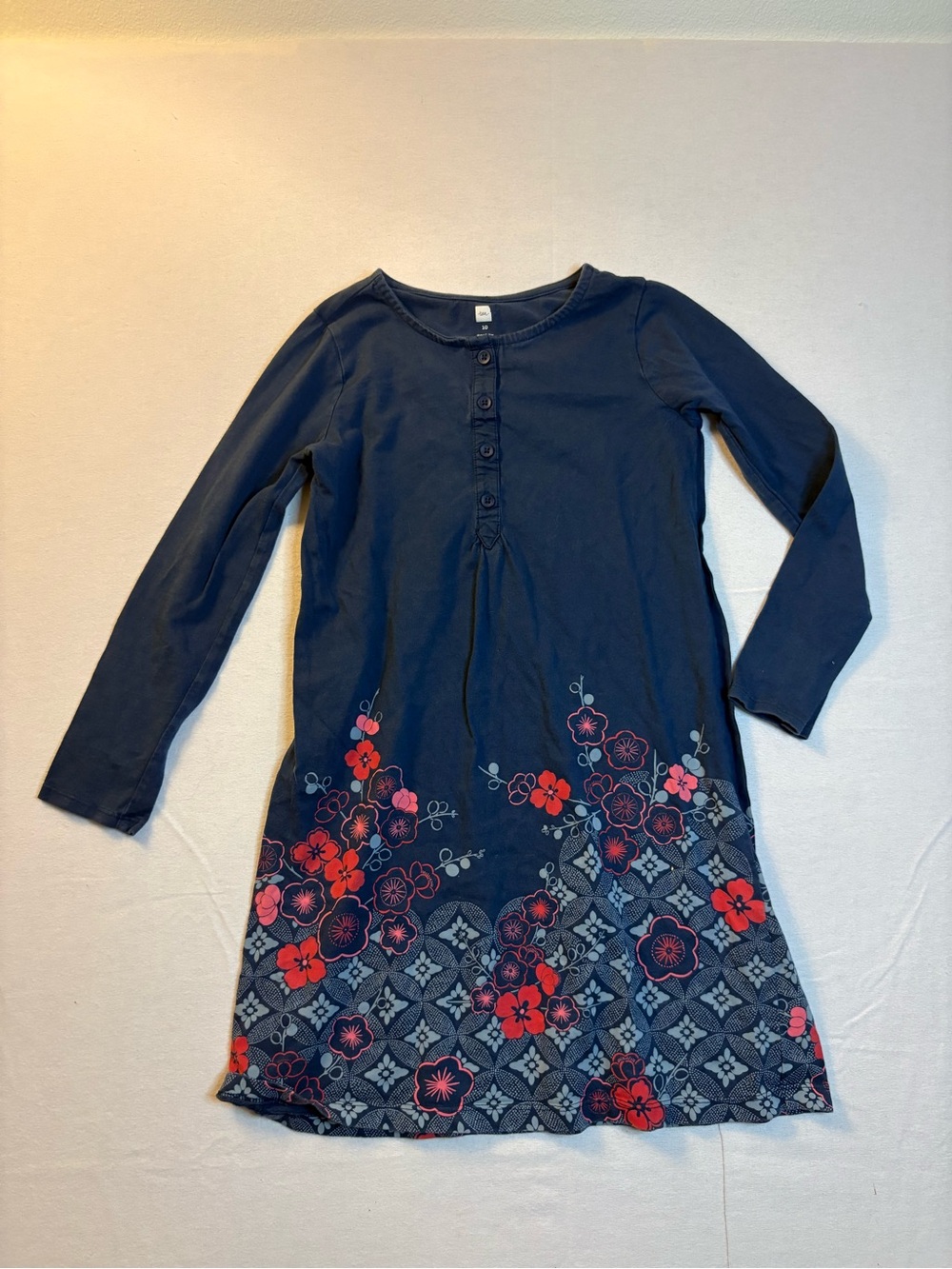 Tea Collection Navy Long Sleeve Floral Hem Dress